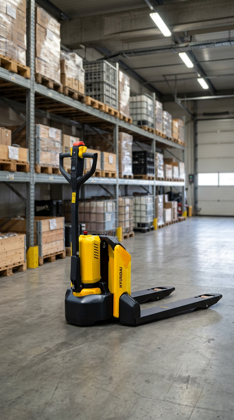 Arka planı beyaz_boş bırakma. Forklifti gerçekçi depo_çalışma ortamına yerleştir; raflar, beton zemin, tavan ışıkları ve doğal gölgeler ekle. Forklift tam boy kalsın, ana odakta olsun.